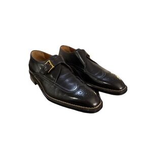 A. Testoni Black Leather Wingtip Oxford Dress Shoes Mens Size 8M NEW Gold Buckle